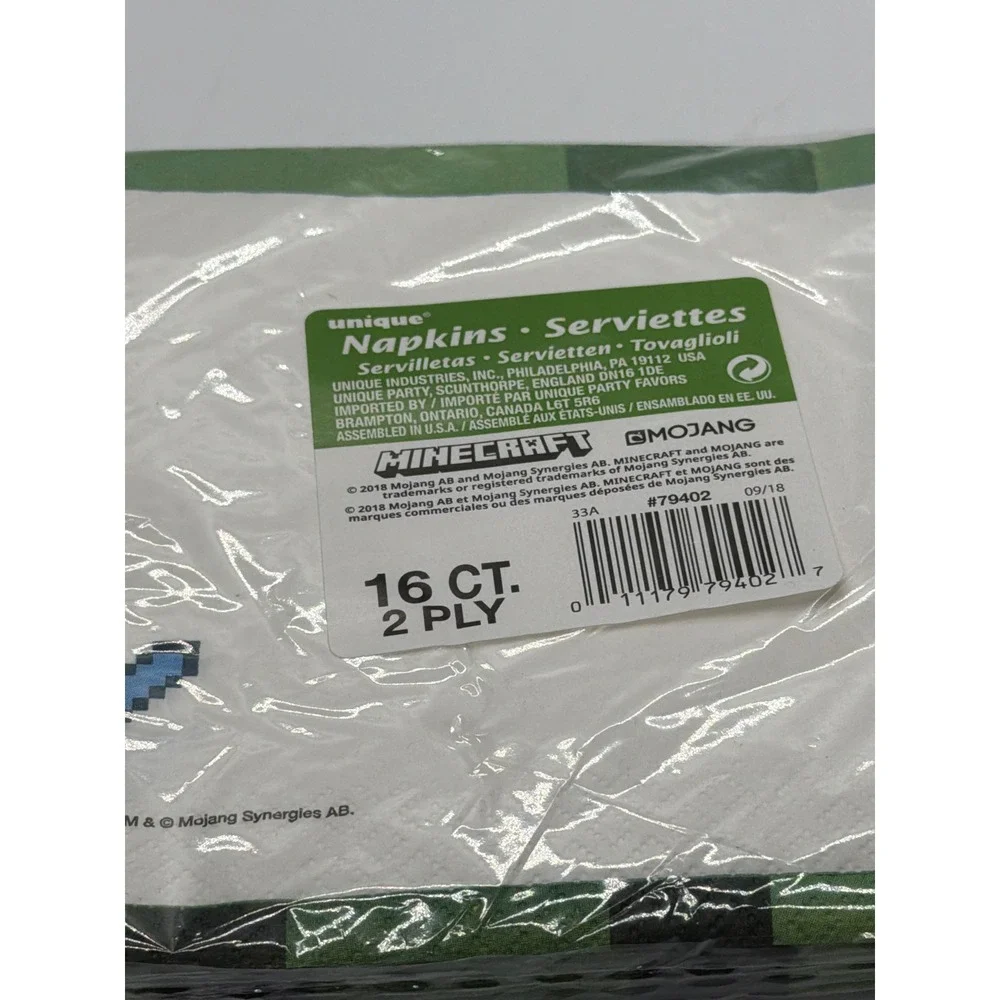 Minecraft Creeper Party Napkins 16 Count 2-Ply Green Pixel Unique 79402 NEW